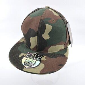 NEW KB Ethos Woodland Camo Fitted Flat Brim Hat Green Brown Mens 7 5/8